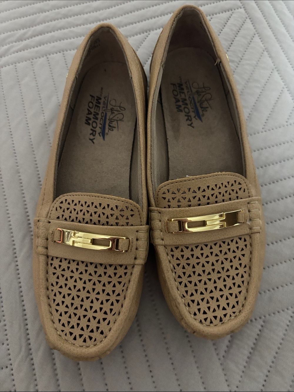 Life Stride Beige Perforated Loafers with Gold Accent